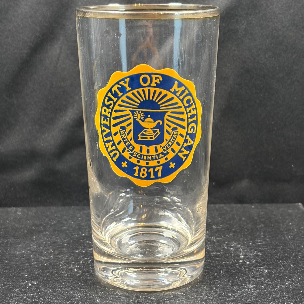 University of Michigan Glass Tumbler Vintage Seal 1817 Maize Blue Gold Rim